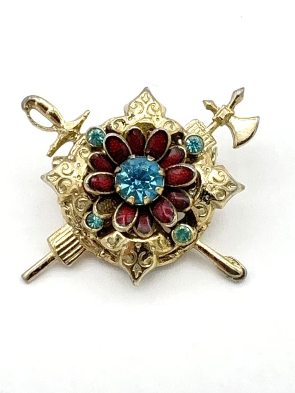 CORO heraldic flower brooch - enamel rhinestone gold-tone layered pin arms crest